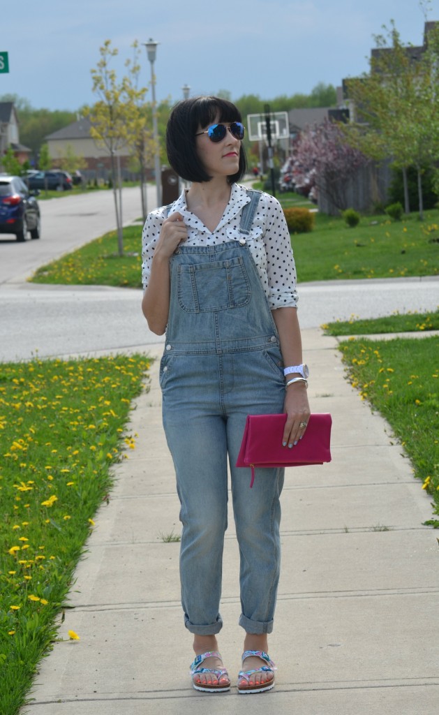 polka dot blouse, aviators flash, Wal-Mart looks for less, #looksforless, Pinkstix, white fossil watch, Ladd Accessories, topshop overalls, Viking Sandals, Yengo Shoes 