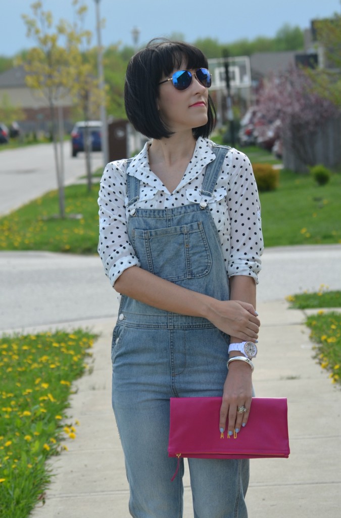 polka dot blouse, aviators flash, Wal-Mart looks for less, #looksforless, Pinkstix, white fossil watch, Ladd Accessories, topshop overalls, Viking Sandals, Yengo Shoes 