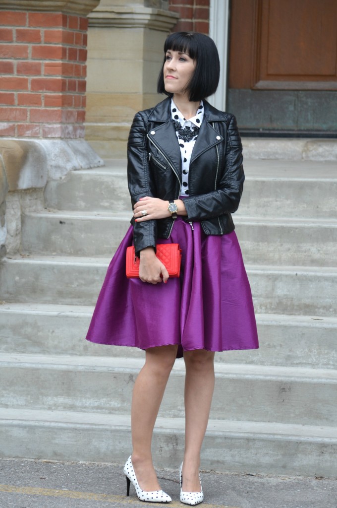 red Purse, Pinkstix, purple party skirt, polka dot pumps, Le Chateau heels, Canadian fashion blogger