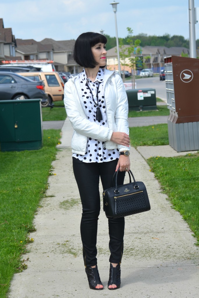 What I Wore, Canadian fashionista, polka dot Blouse, Reitmans blouse, Eleven Elfs, eleven elfs jacket, black kate spade purse, Cocoa Jewelry, marc Jacob Watch, DSW Canada 