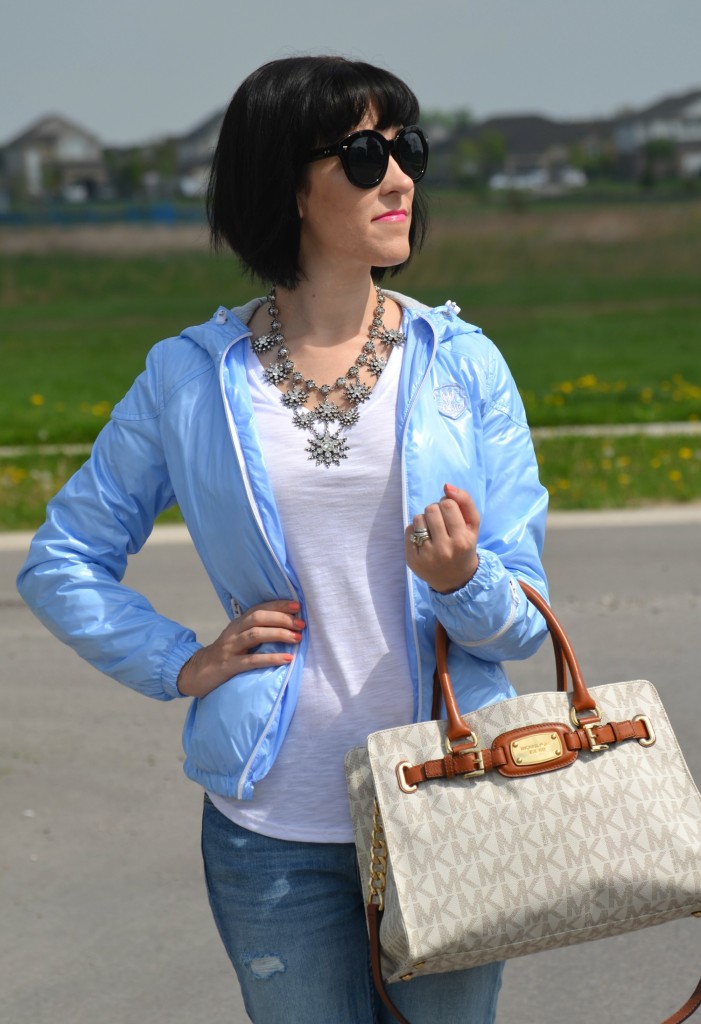 What I Wore, Canadian fashionista, white Tee, Cocoa Jewelry necklace, Polette sunglasses, eleven Elfs jacket, Michael Kors purse, Urban Originals shoes