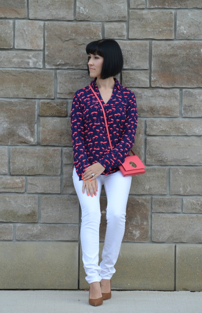 What I Wore, Canadian fashionista, express Flamingo Blouse, express runway blouse, coral kate spade purse, white skinny American Eagle jeans, nude pumps, target heels, American eagle jeans, white skinny jeans