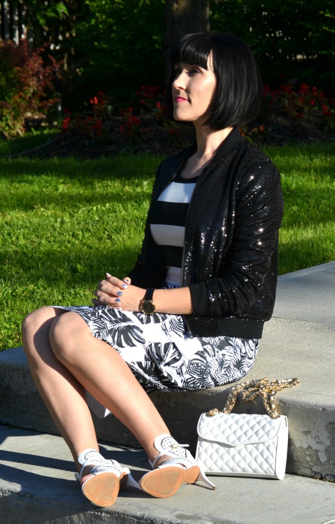 What I Wore, Canadian fashionista, Gerry weber giveaway, Sequins Jacket, guess jacket, Sheinside top, Gerry weber, Rebecca Minkoff Purse, Shopbop purse, nine west white heels