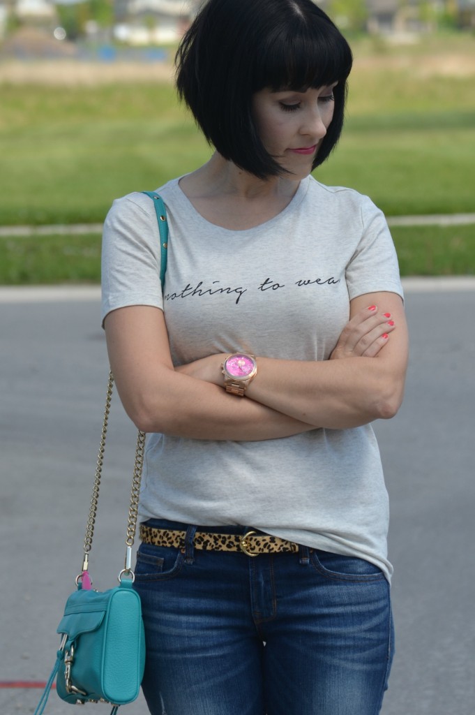 What I Wore, Canadian fashionista, Nothing to Wear, Forever 21 tee, Animal Print Belt, teal Rebecca Minkoff purse, Michael Kors golf watch, The Gap Boyfriend Jeans, white Sneakers, Converse