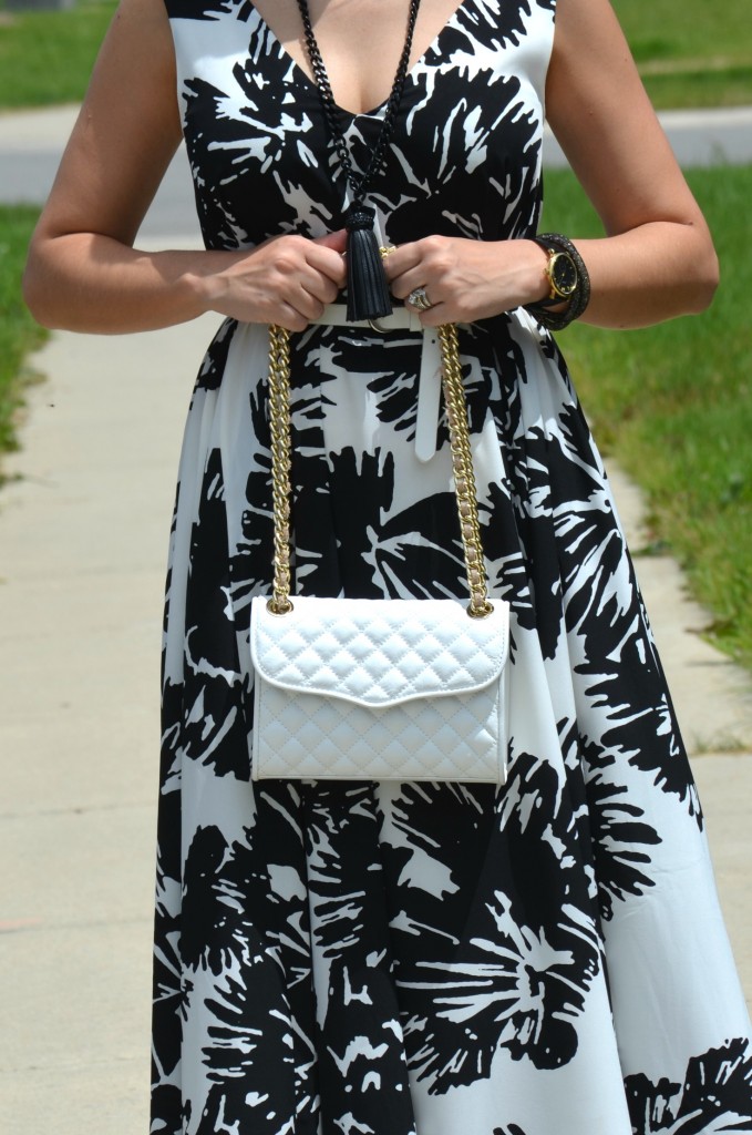 Beauty United, #ElleRW, Elle for RW, black and white floral dress, rw maxi dress, The Pink Millennial, Cocoa Jewelry, white belt, Rebecca Minkoff purse 