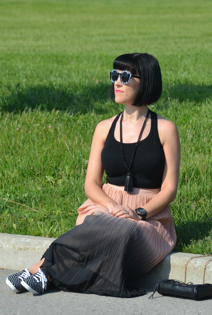 What I Wore, Canadian fashionista, black tank top, black statement necklace, Cocoa Jewelry, black guess watch, Wildfox Bel Air Sunglasses, colour blocked maxi skirt, black and white polka dot sneakers, keds 