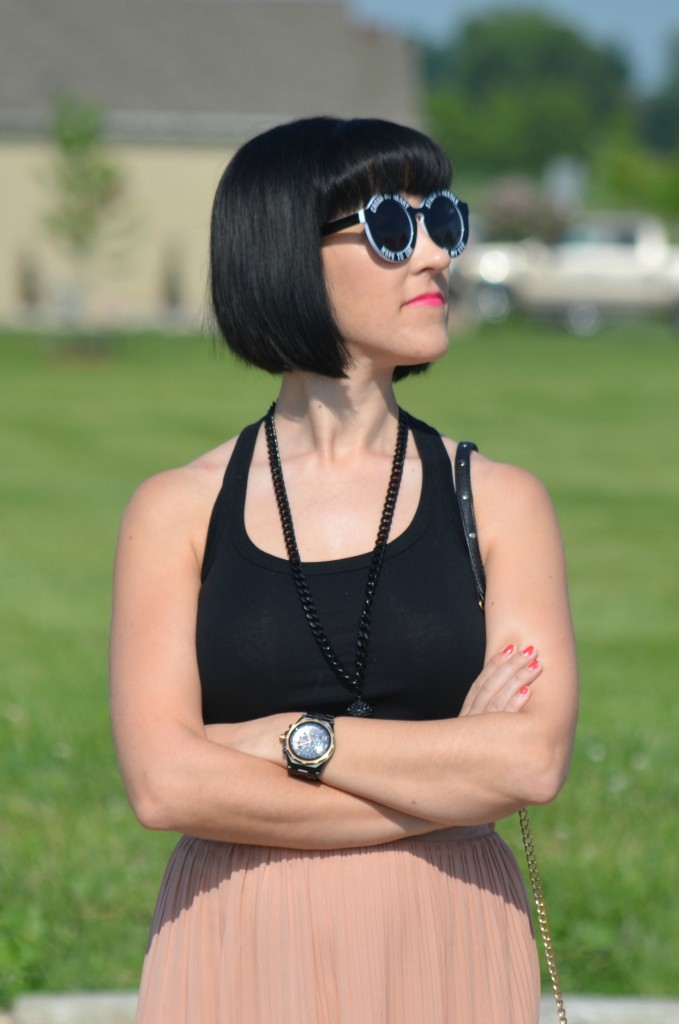 What I Wore, Canadian fashionista, black tank top, black statement necklace, Cocoa Jewelry, black guess watch, Wildfox Bel Air Sunglasses, colour blocked maxi skirt, black and white polka dot sneakers, keds 