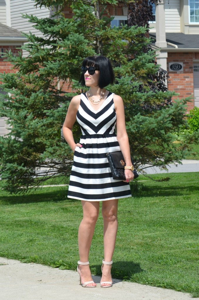 What I Wore, Canadian fashionista, loft dress, black and white striped dress, Polette sunglasses, shop miss a necklace, kate spade purse, JORD wood watch, #JORDWatch, nude heels 