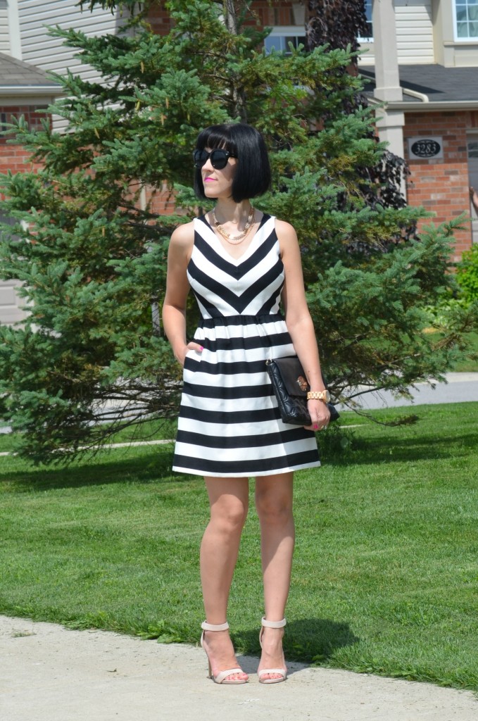 What I Wore, Canadian fashionista, loft dress, black and white striped dress, Polette sunglasses, shop miss a necklace, kate spade purse, JORD wood watch, #JORDWatch, nude heels 