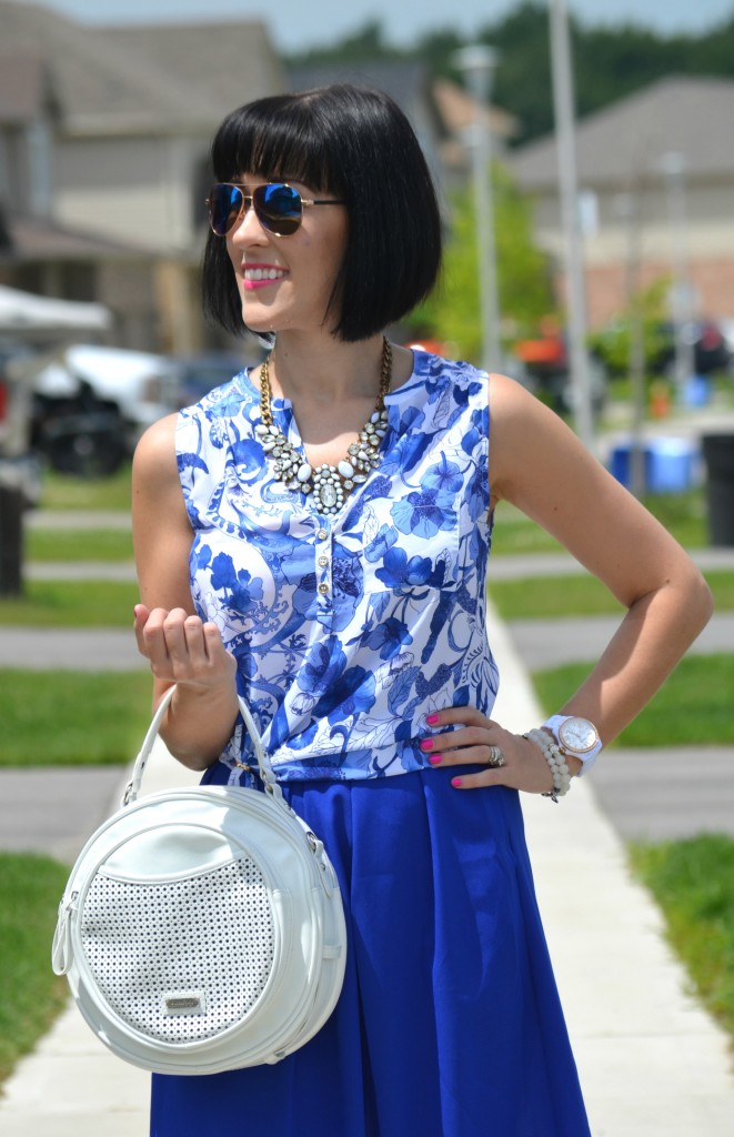 What I Wore, Canadian fashionista, floral print blouse, statement necklace, white fossil watch, pinkstix, white circle purse, Jeffery campbell Pumps