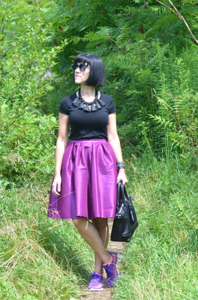 What I Wore, Canadian fashionista, black t-shirt, Polette, black coach purse, Cocoa Jewelry, black Bulova watch, Swarovski bracelet, purple party skirt, Skechers 