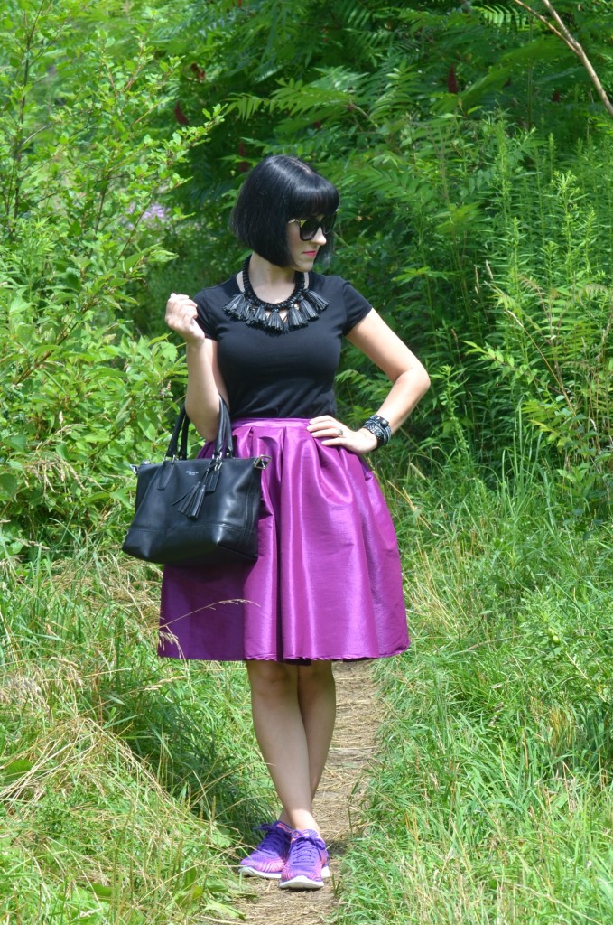 What I Wore, Canadian fashionista, black t-shirt, Polette, black coach purse, Cocoa Jewelry, black Bulova watch, Swarovski bracelet, purple party skirt, Skechers 