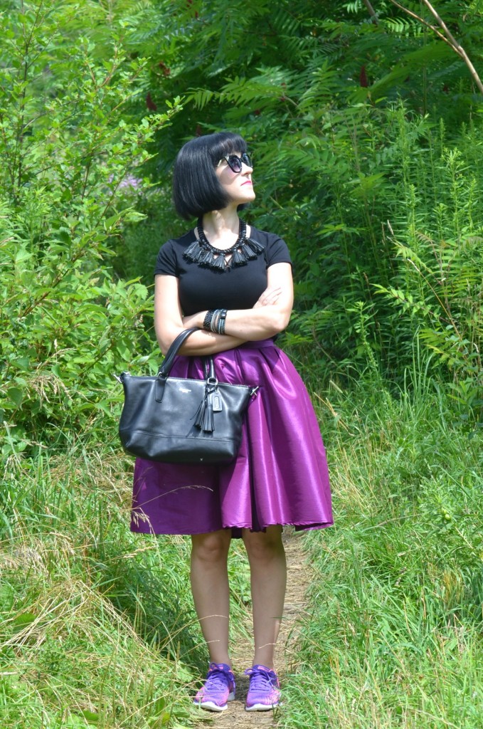 What I Wore, Canadian fashionista, black t-shirt, Polette, black coach purse, Cocoa Jewelry, black Bulova watch, Swarovski bracelet, purple party skirt, Skechers 