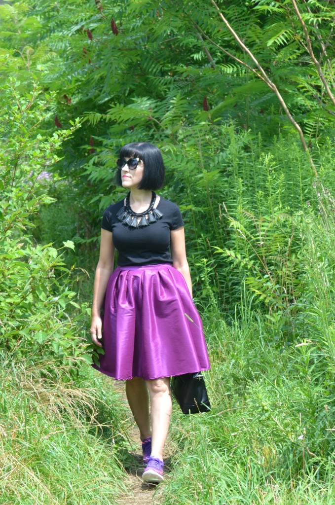 What I Wore, Canadian fashionista, black t-shirt, Polette, black coach purse, Cocoa Jewelry, black Bulova watch, Swarovski bracelet, purple party skirt, Skechers 