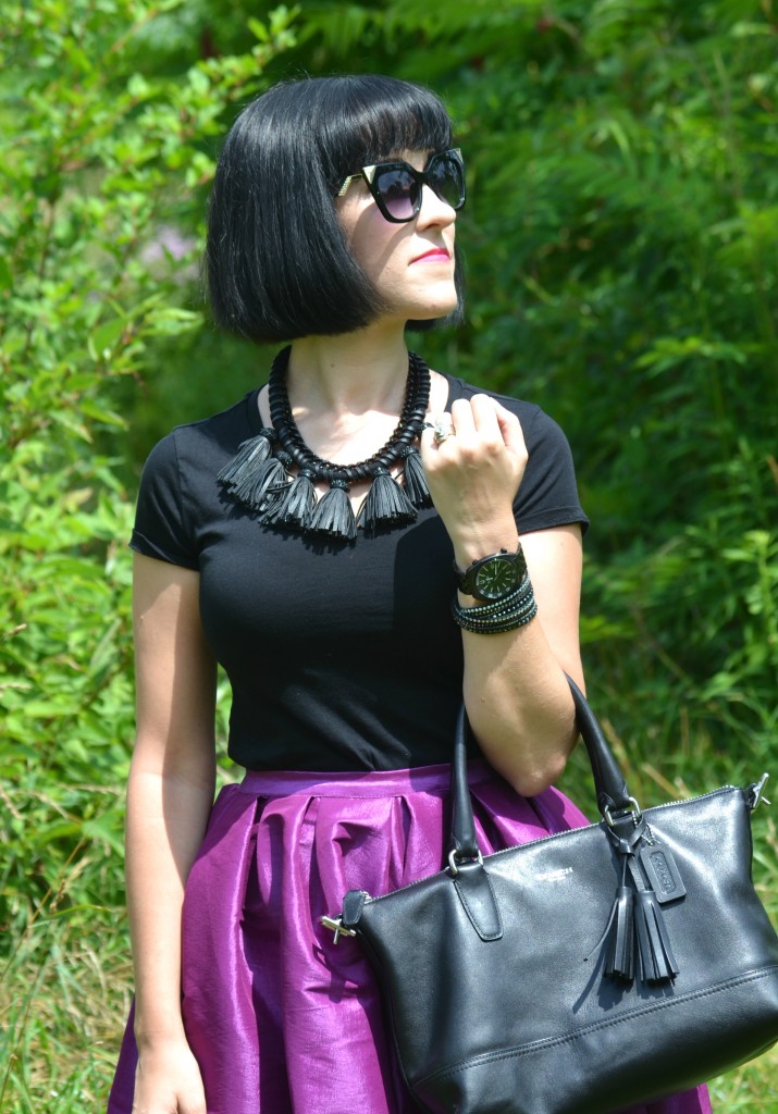 What I Wore, Canadian fashionista, black t-shirt, Polette, black coach purse, Cocoa Jewelry, black Bulova watch, Swarovski bracelet, purple party skirt, Skechers 