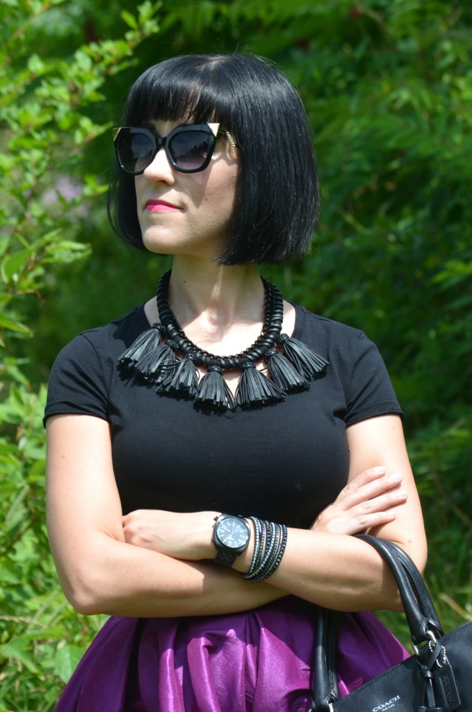 What I Wore, Canadian fashionista, black t-shirt, Polette, black coach purse, Cocoa Jewelry, black Bulova watch, Swarovski bracelet, purple party skirt, Skechers 