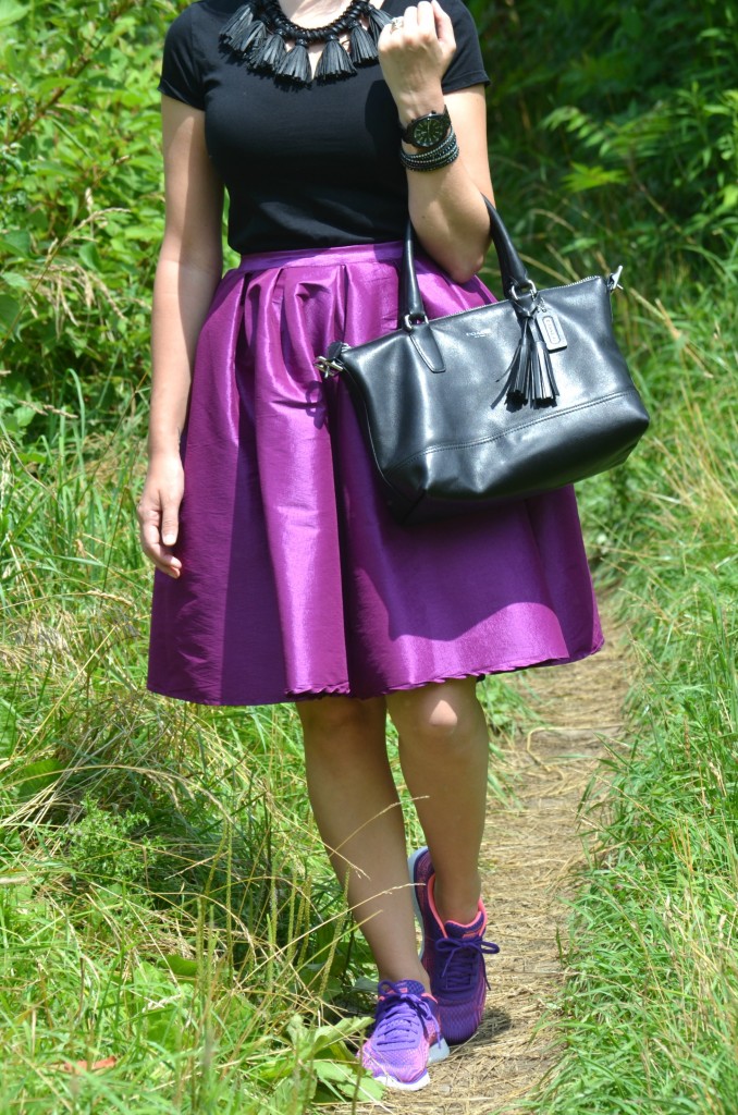 What I Wore, Canadian fashionista, black t-shirt, Polette, black coach purse, Cocoa Jewelry, black Bulova watch, Swarovski bracelet, purple party skirt, Skechers 