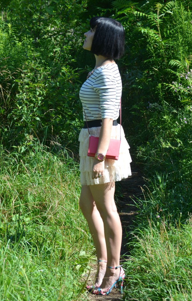 What I Wore, Canadian fashionista, striped top, kate spade purse, forever 21 necklace, gold Michael kors watch, statement watch, call it spring heels