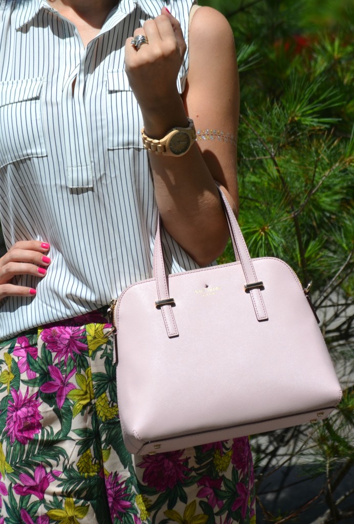 What I Wore, Canadian fashionista, Clarisonic Twitter chat, Loft striped blouse, pink Kate Spade Purse, shopbop, Wood Watch, Jord, h&M Floral Pants, purple pumps