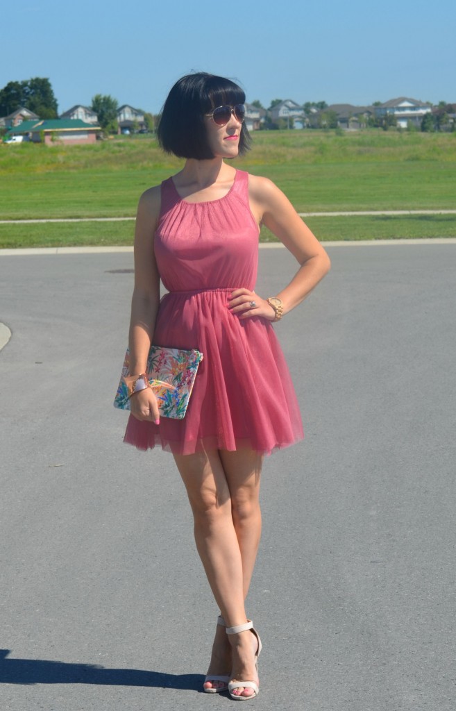 What I Wore, Canadian fashionista, pink girly Dress, H&M tutu dress, Wood Watch, Jord watch, aviator sunglasses, rose gold Cuff, Cocoa Jewelry, floral clutch, nude heels