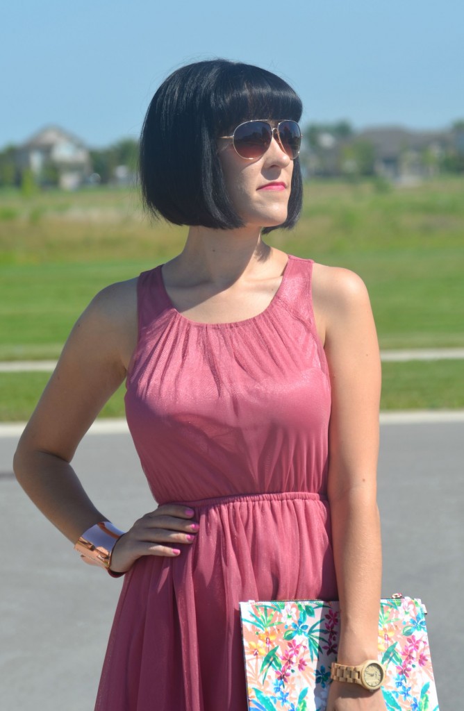 What I Wore, Canadian fashionista, pink girly Dress, H&M tutu dress, Wood Watch, Jord watch, aviator sunglasses, rose gold Cuff, Cocoa Jewelry, floral clutch, nude heels