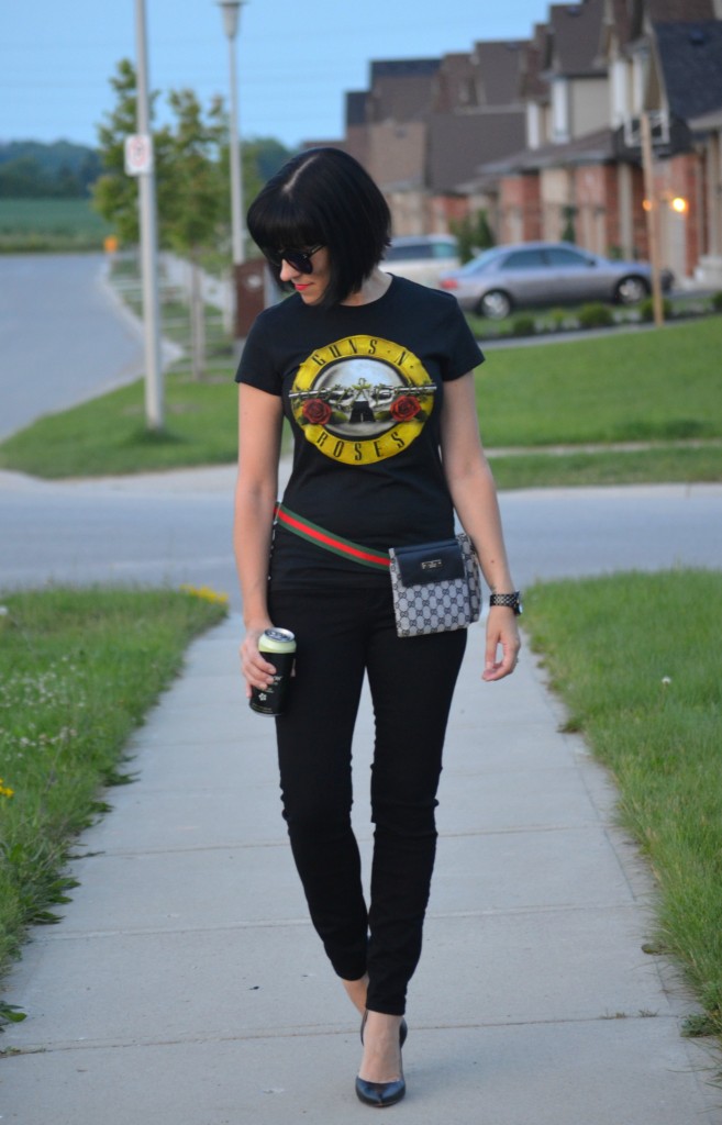 What I Wore, Canadian fashionista, giant tiger tee, guns n roses tee, Polette, Bulova watch, fanny pack, Gucci fanny pack, black skinny jeans, target shoes 