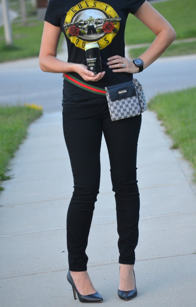 What I Wore, Canadian fashionista, giant tiger tee, guns n roses tee, Polette, Bulova watch, fanny pack, Gucci fanny pack, black skinny jeans, target shoes 