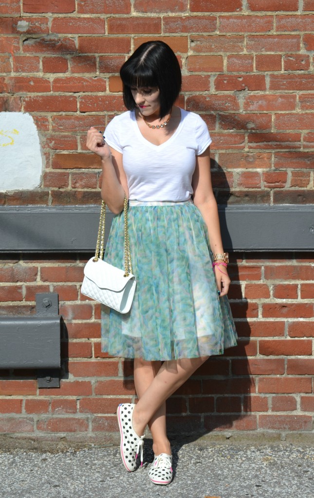 What I Wore, Canadian fashionista, bioderma, white tee, rose gold necklace, white quilted Rebecca Minkoff Purse, Lauren Conrad Skirt for Kohls, kate spade x keds, polka dot keds
