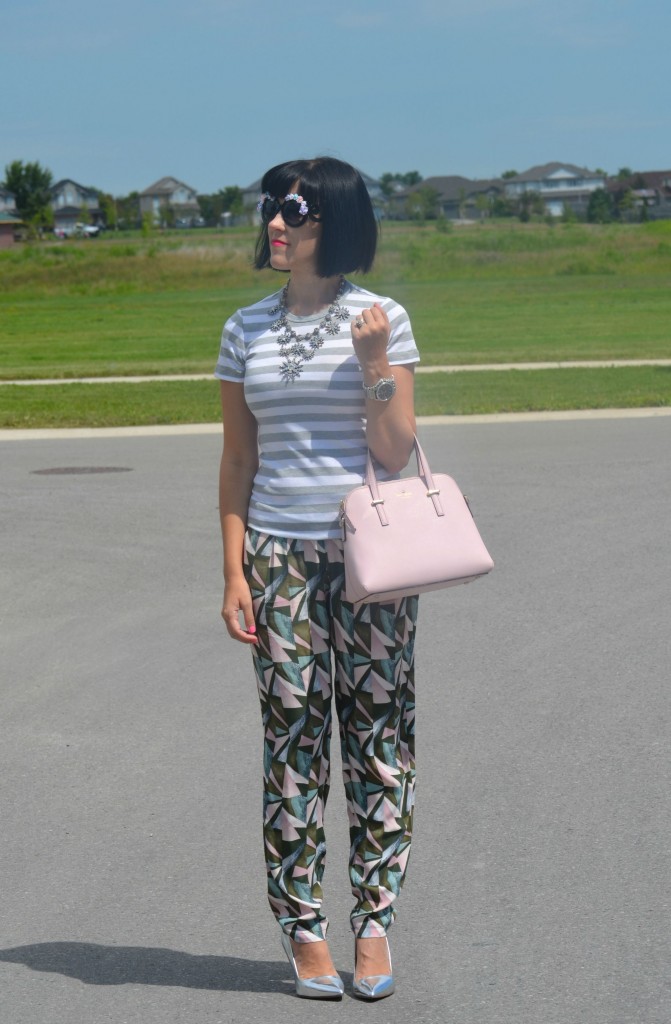 What I Wore, Canadian fashionista, striped gap tee, oversized Floral Sunglasses, zeroUV sunglasses, Cocoa Jewelry, pink Kate Spade Purse, Swarovski bracelet, silver Caravelle New York watch, GERRY WEBER