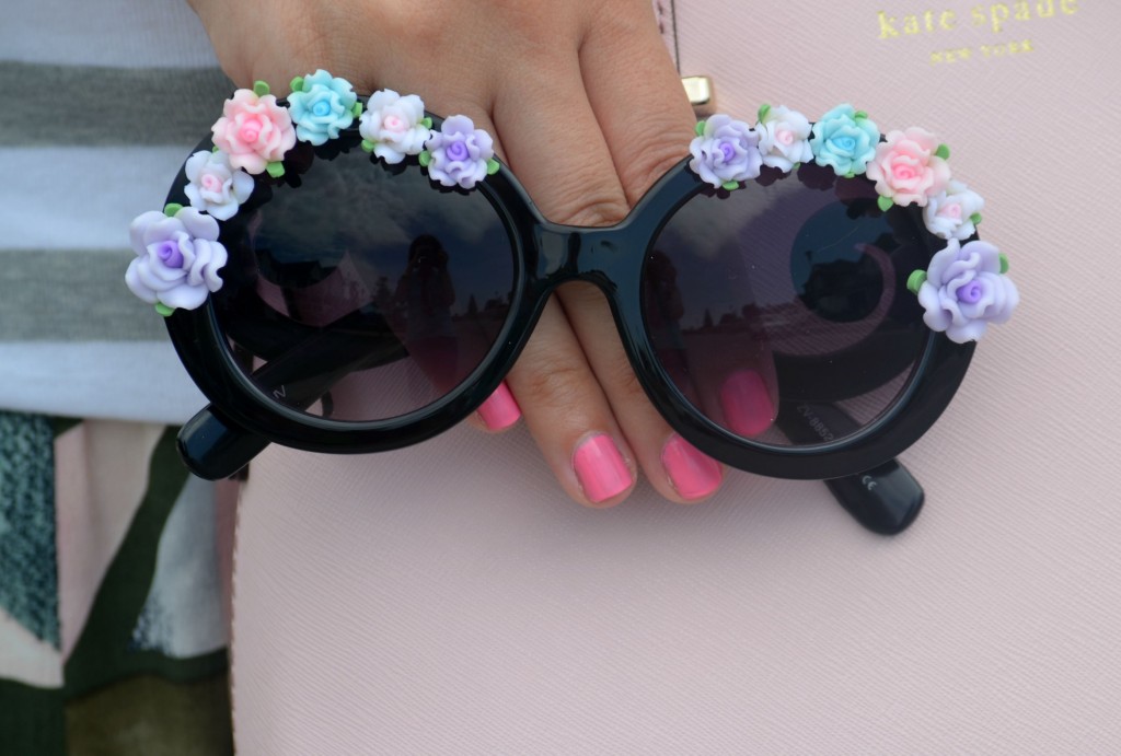 What I Wore, Canadian fashionista, striped gap tee, oversized Floral Sunglasses, zeroUV sunglasses, Cocoa Jewelry, pink Kate Spade Purse, Swarovski bracelet, silver Caravelle New York watch, GERRY WEBER