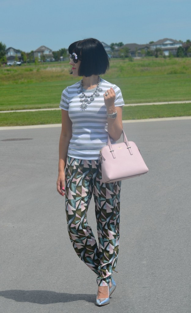 What I Wore, Canadian fashionista, striped gap tee, oversized Floral Sunglasses, zeroUV sunglasses, Cocoa Jewelry, pink Kate Spade Purse, Swarovski bracelet, silver Caravelle New York watch, GERRY WEBER