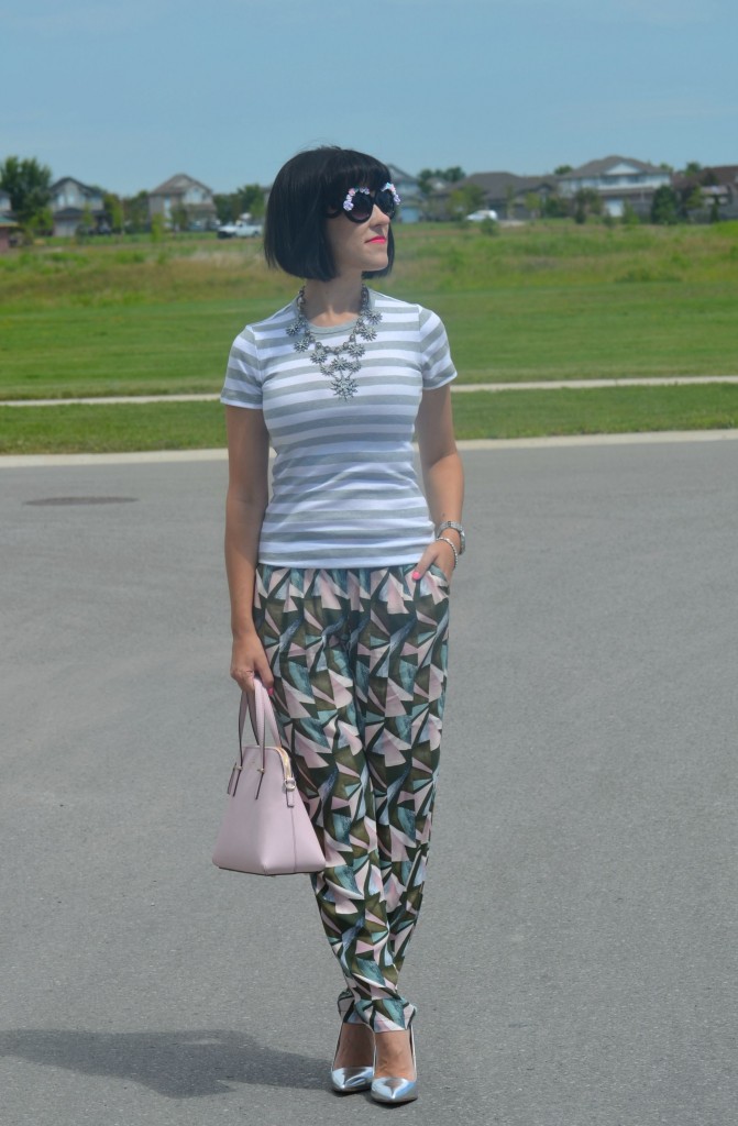 What I Wore, Canadian fashionista, striped gap tee, oversized Floral Sunglasses, zeroUV sunglasses, Cocoa Jewelry, pink Kate Spade Purse, Swarovski bracelet, silver Caravelle New York watch, GERRY WEBER