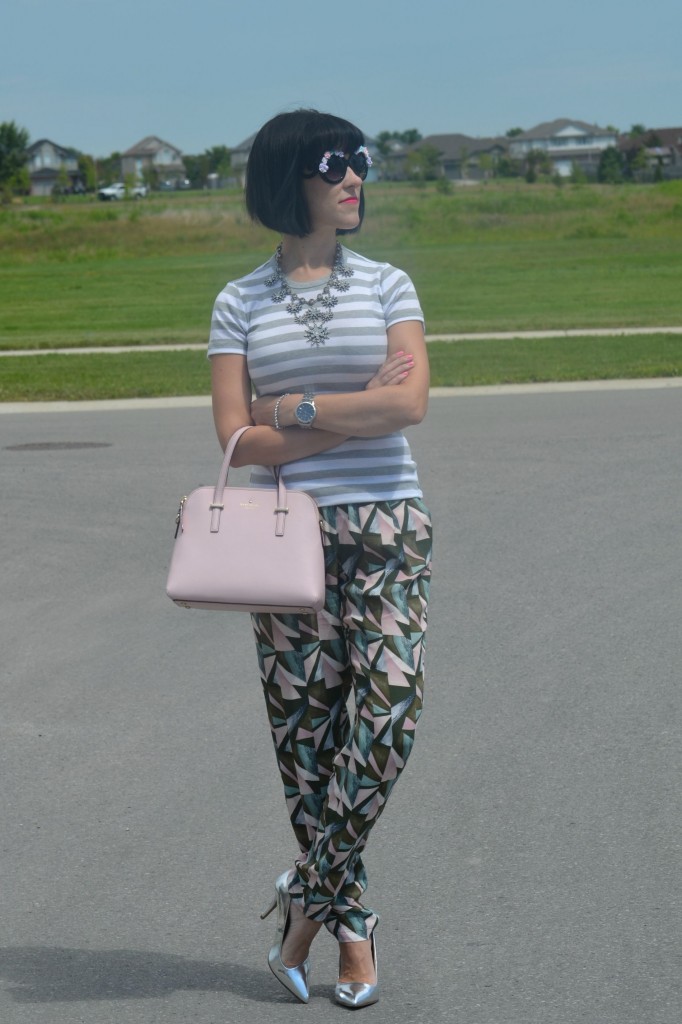 What I Wore, Canadian fashionista, striped gap tee, oversized Floral Sunglasses, zeroUV sunglasses, Cocoa Jewelry, pink Kate Spade Purse, Swarovski bracelet, silver Caravelle New York watch, GERRY WEBER