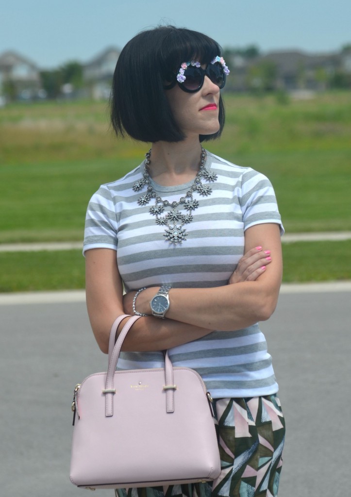 What I Wore, Canadian fashionista, striped gap tee, oversized Floral Sunglasses, zeroUV sunglasses, Cocoa Jewelry, pink Kate Spade Purse, Swarovski bracelet, silver Caravelle New York watch, GERRY WEBER