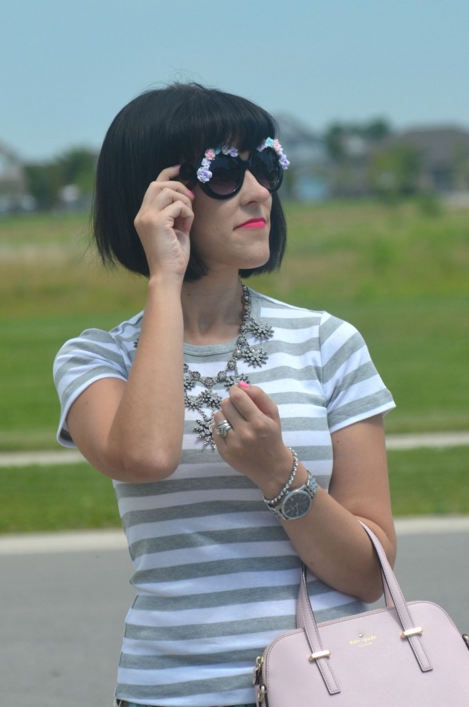 What I Wore, Canadian fashionista, striped gap tee, oversized Floral Sunglasses, zeroUV sunglasses, Cocoa Jewelry, pink Kate Spade Purse, Swarovski bracelet, silver Caravelle New York watch, GERRY WEBER