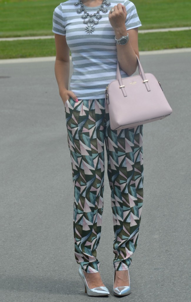 What I Wore, Canadian fashionista, striped gap tee, oversized Floral Sunglasses, zeroUV sunglasses, Cocoa Jewelry, pink Kate Spade Purse, Swarovski bracelet, silver Caravelle New York watch, GERRY WEBER