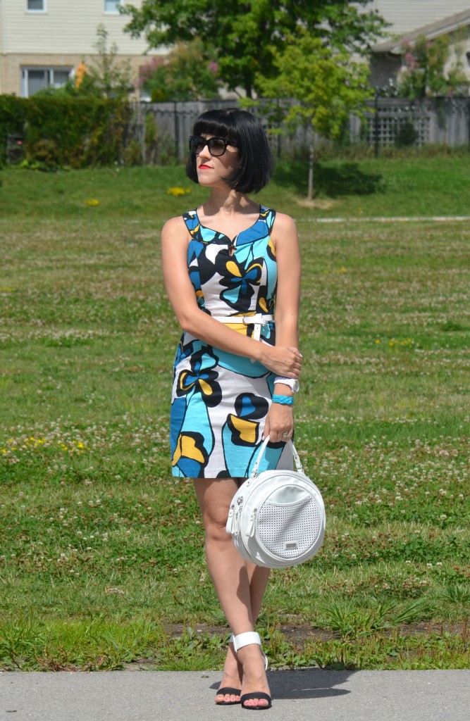 What I Wore, Canadian fashionista, BCBG summer dress, white belt, coach sunglasses, white fossil watch, see song design, pinkstix, black wal-mart heels, Canadian fashion blogger