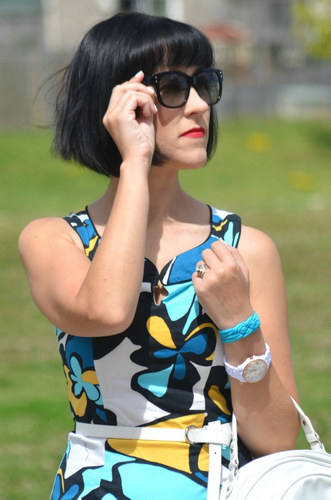 What I Wore, Canadian fashionista, BCBG summer dress, white belt, coach sunglasses, white fossil watch, see song design, pinkstix, black wal-mart heels, Canadian fashion blogger