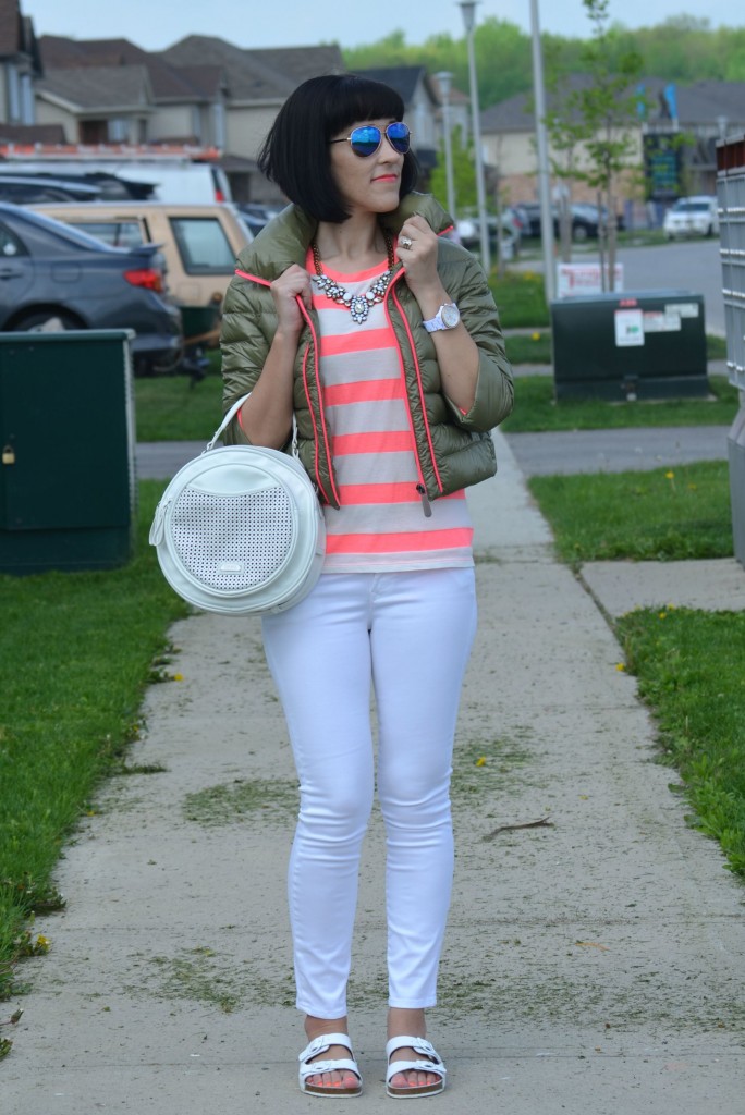 What I Wore, Canadian fashionista, Canadian fashion blogger, coral Tee, Eleven Elfs jacket, mirrored sunglasses, Cocoa Jewelry, white fossil watch, white skinny jeans, 