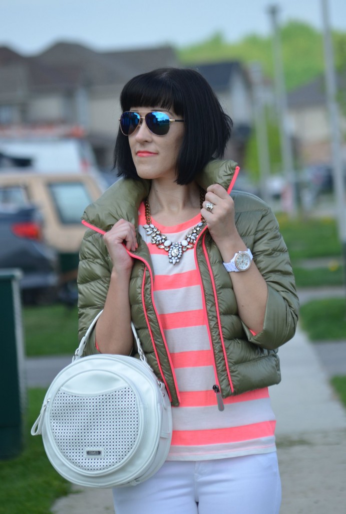 What I Wore, Canadian fashionista, Canadian fashion blogger, coral Tee, Eleven Elfs jacket, mirrored sunglasses, Cocoa Jewelry, white fossil watch, white skinny jeans, 