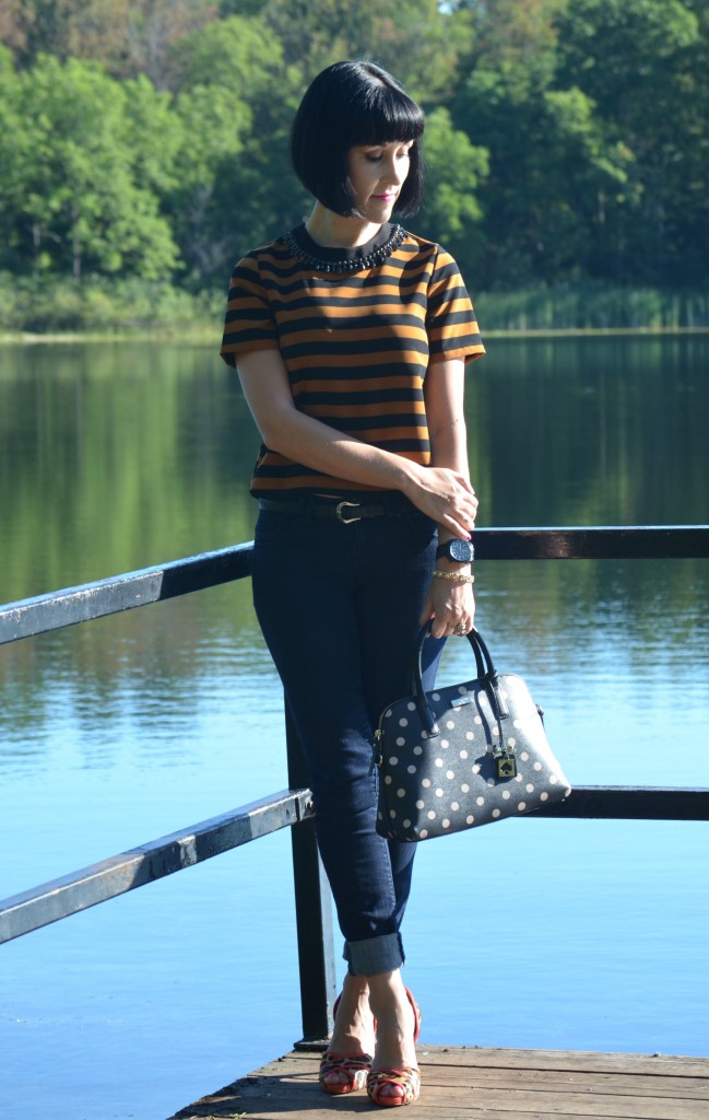 What I Wore, black Bulova Watch, Canadian fashionista, pearls for Girls, polka dot kate spade purse, skinny jeans, I Want Shoes Pumps 