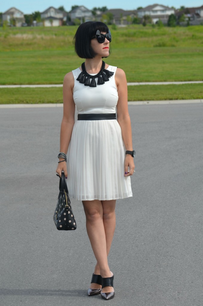 What I Wore, white Forever 21 dress, Cocoa Jewelry, fringe necklace, polka dot kate spade purse, Polette sunglasses, Polette Félindra, Town Shoes, Canadian fashionista