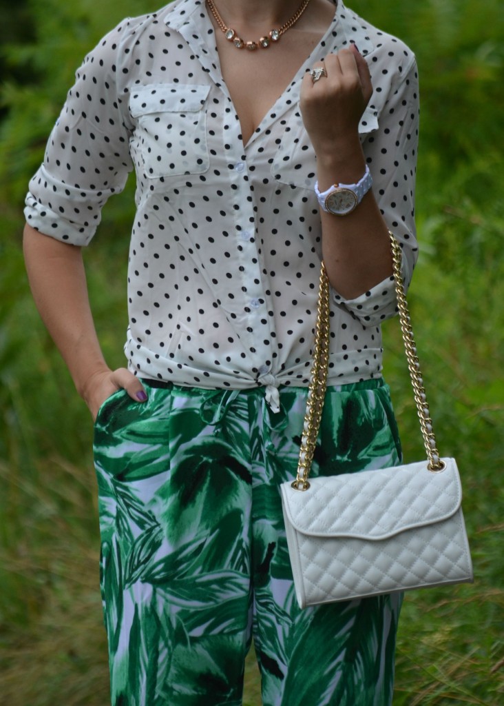What I Wore, Canadian fashionista, polka dot blouse, white Fossil watch, white quilted Rebecca Minkoff Purse, Palm Tree Pants, white Nine West heels, Martinique wallpaper