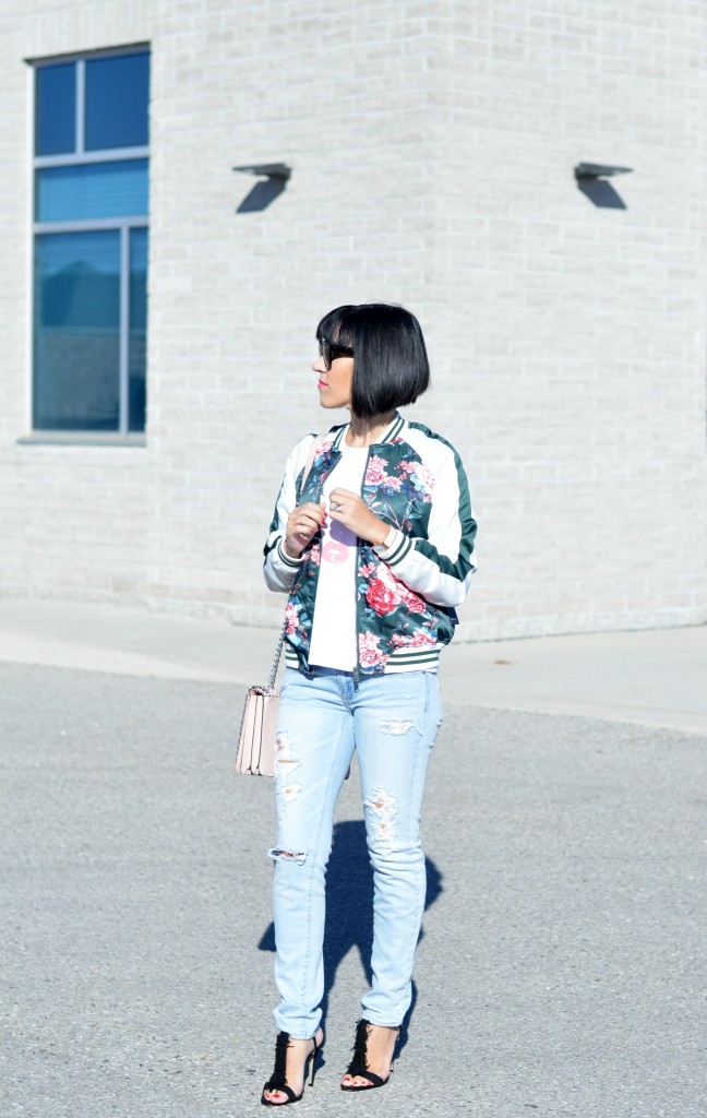 Burgundy Bomber Jacket + Graphic Tee + Jeans with Sneakers Outfit