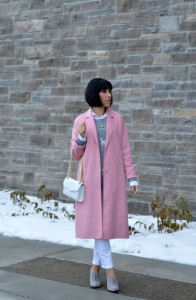 pink coat in winter