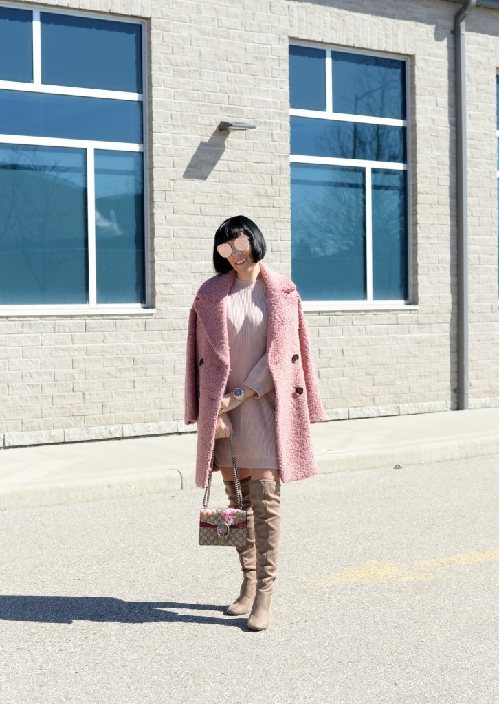 tobi dress, pink sweater dress, pink dress, topshop coat, teddybear coat, over-the-knee boots, steve madden boots