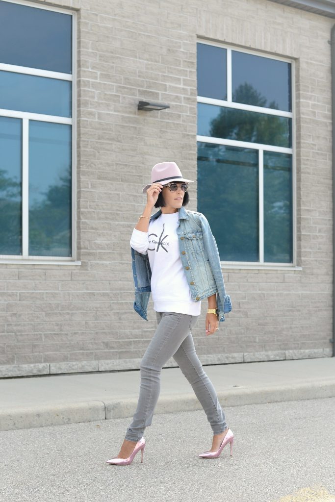 White Calvin Klein Sweater, CK Sweater, Who to wear a Logo Sweater, Toms Sunglasses, Pink Fedoa, Wittnauer Watch, Gold Watch, Denim Jacket, Gap Denim Jacket, How to style a jean jacket, how to style a denim jacket, jean jacket 