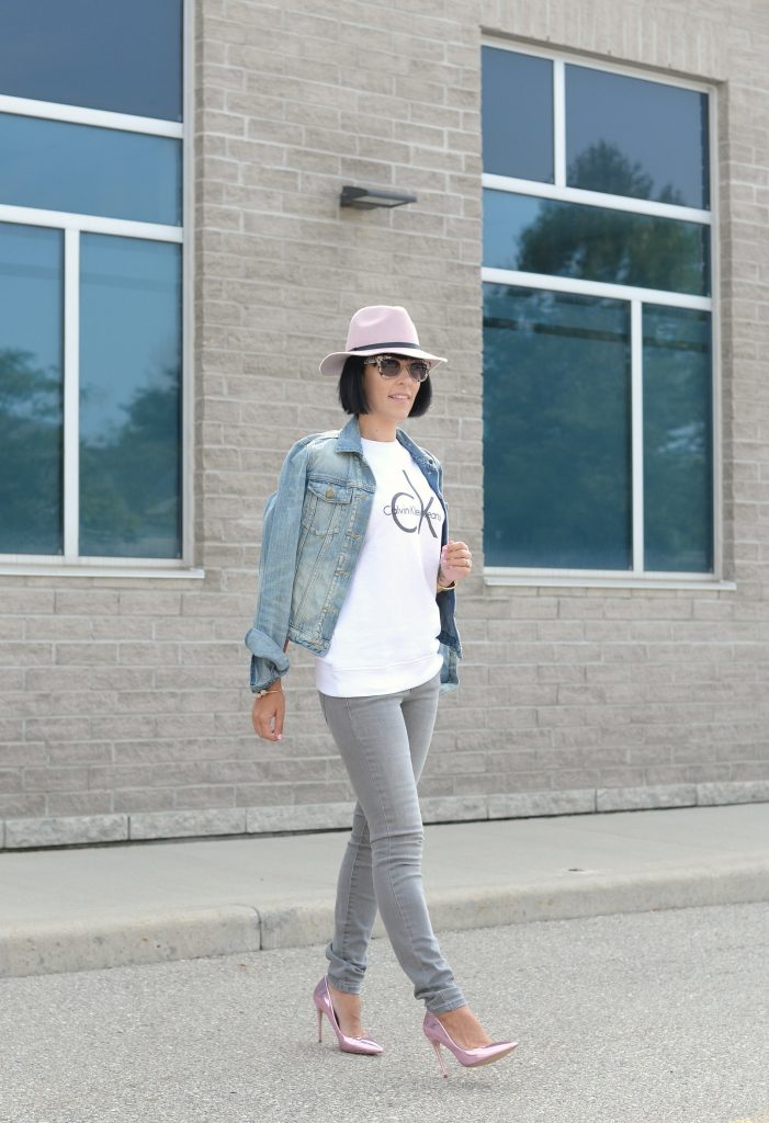 White Calvin Klein Sweater, CK Sweater, Who to wear a Logo Sweater, Toms Sunglasses, Pink Fedoa, Wittnauer Watch, Gold Watch, Denim Jacket, Gap Denim Jacket, How to style a jean jacket, how to style a denim jacket, jean jacket 