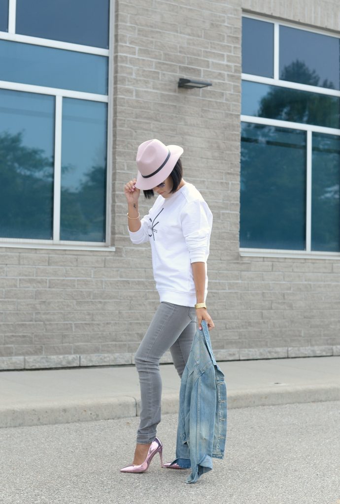 White Calvin Klein Sweater, CK Sweater, Who to wear a Logo Sweater, Toms Sunglasses, Pink Fedoa, Wittnauer Watch, Gold Watch, Denim Jacket, Gap Denim Jacket, How to style a jean jacket, how to style a denim jacket, jean jacket 