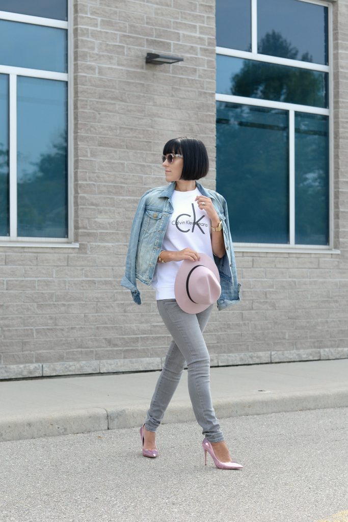 White Calvin Klein Sweater, CK Sweater, Who to wear a Logo Sweater, Toms Sunglasses, Pink Fedoa, Wittnauer Watch, Gold Watch, Denim Jacket, Gap Denim Jacket, How to style a jean jacket, how to style a denim jacket, jean jacket 